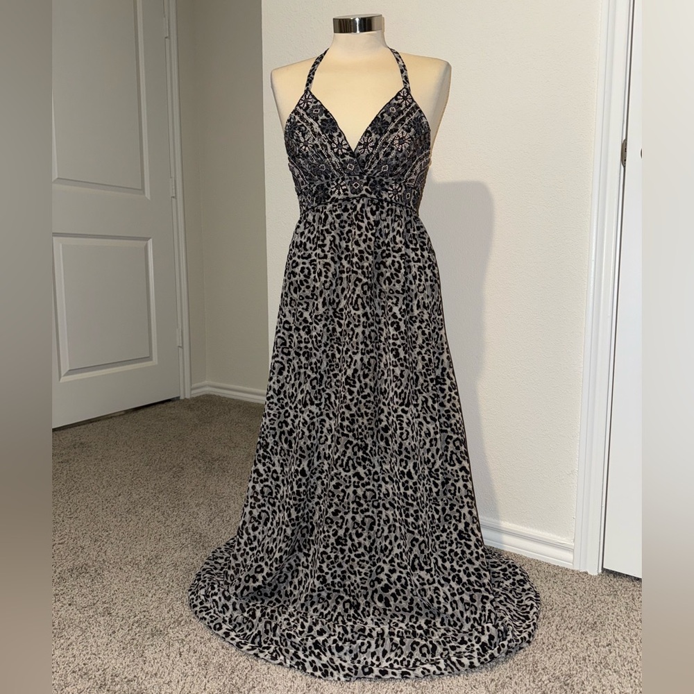 Y2K Leopard Print and Beaded Halter Maxi Dress